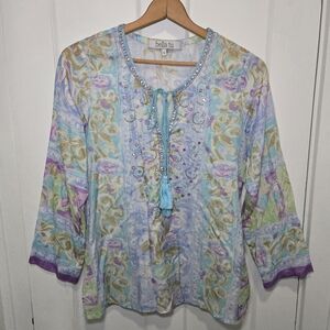 Women's Beaded Fairy Blouse Size S Fairycore Fae Sparkle Ren Fest Floral Hippie
